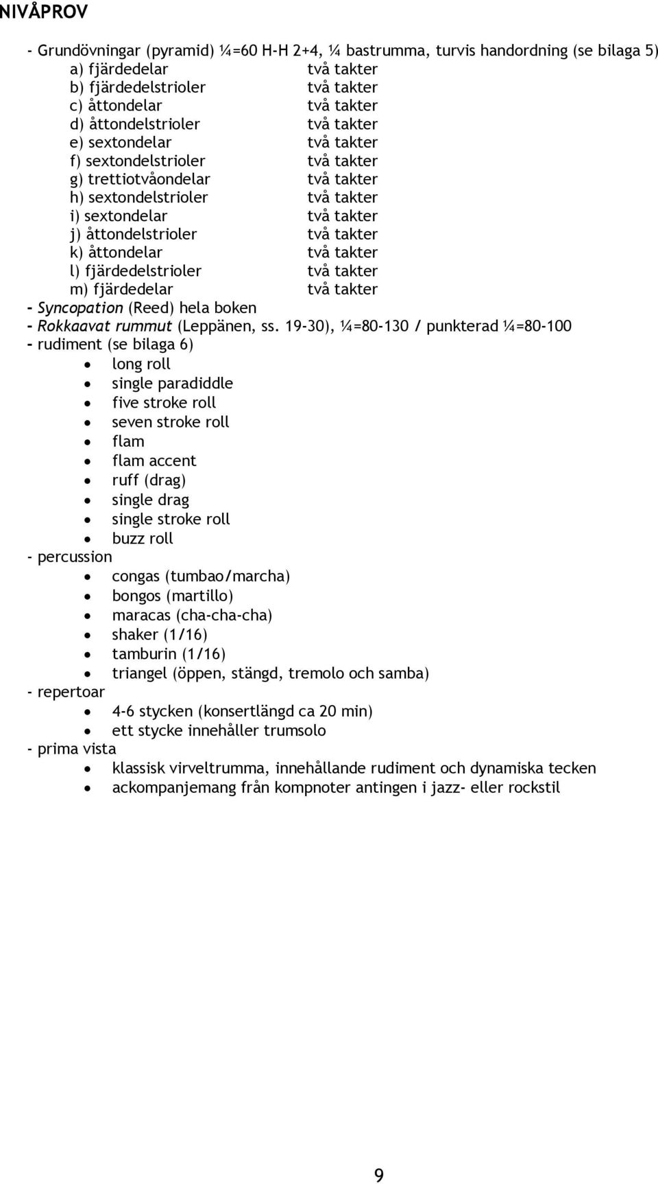 åttondelar två takter l) fjärdedelstrioler två takter m) fjärdedelar två takter - Syncopation (Reed) hela boken - Rokkaavat rummut (Leppänen, ss.