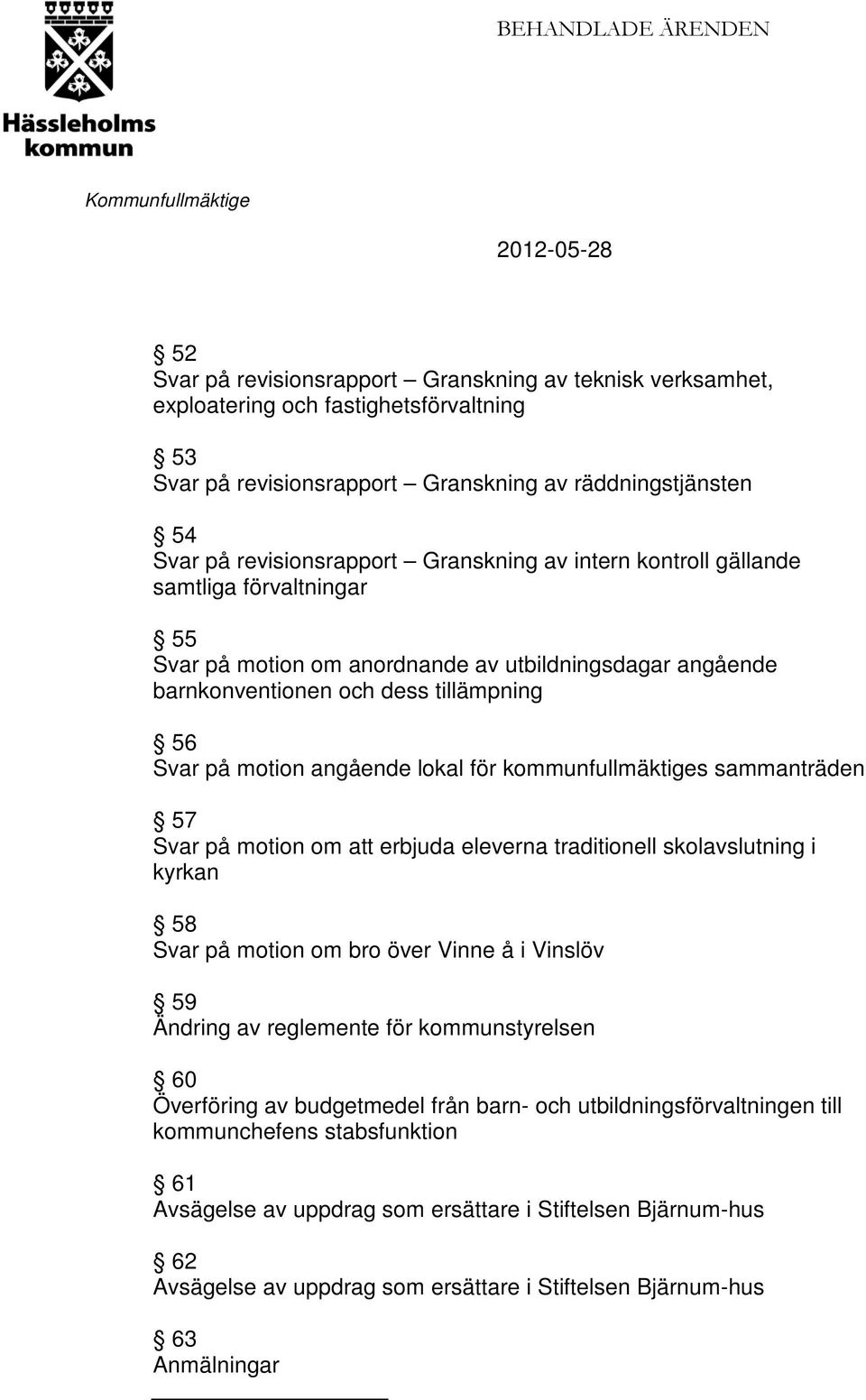 tillämpning 56 Svar på motion angående lokal för kommunfullmäktiges sammanträden 57 Svar på motion om att erbjuda eleverna traditionell skolavslutning i kyrkan 58 Svar på motion