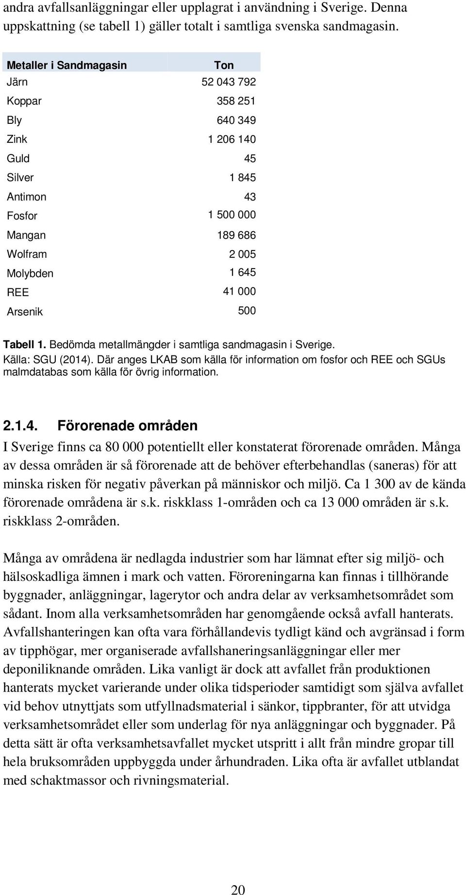 500 Tabell 1. Bedömda metallmängder i samtliga sandmagasin i Sverige. Källa: SGU (2014).