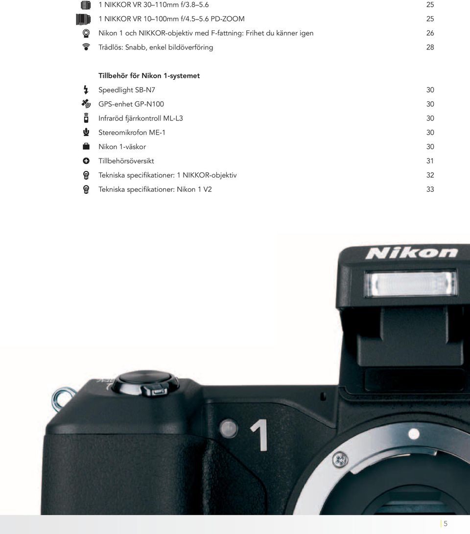 bildöverföring 28 Tillbehör för Nikon 1-systemet Speedlight SB-N7 30 GPS-enhet GP-N100 30 Infraröd
