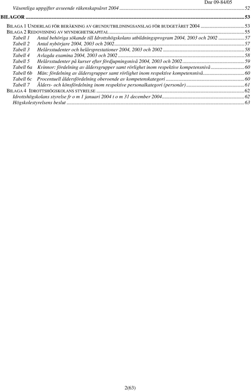 ..57 Tabell 3 Helårsstudenter och helårsprestationer 2004, 2003 och 2002...58 Tabell 4 Avlagda examina 2004, 2003 och 2002.