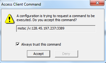 För somliga kan säkerhetsinställningarna variera, därav den nedanstående rutan Access Client Command. Detta bör aktiveras genom att trycka Accept och även bocka för rutan Always trust this command.