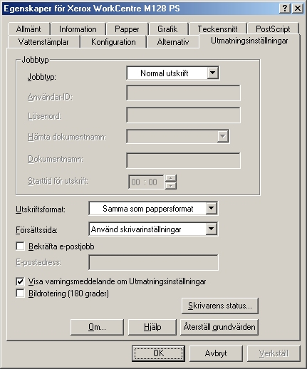 2 Användning i Windows 95/98/Me Funktioner på fliken Utmatningsinställningar I det här avsnittet beskrivs funktionerna på fliken Utmatningsinställningar. Jobbtyp Obs!