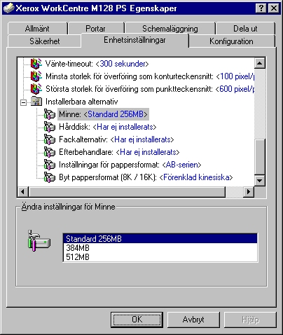 3 Användning i Windows NT 4.0 Markera önskat tillbehör i Installerbara alternativ och ändra inställningarna i rutan Ändra inställningar för nedtill på fliken.