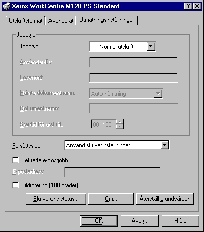 3 Användning i Windows NT 4.0 Ersättningsmagasin - anger vilken åtgärd som ska tillämpas när papper med önskat format inte finns i maskinen.