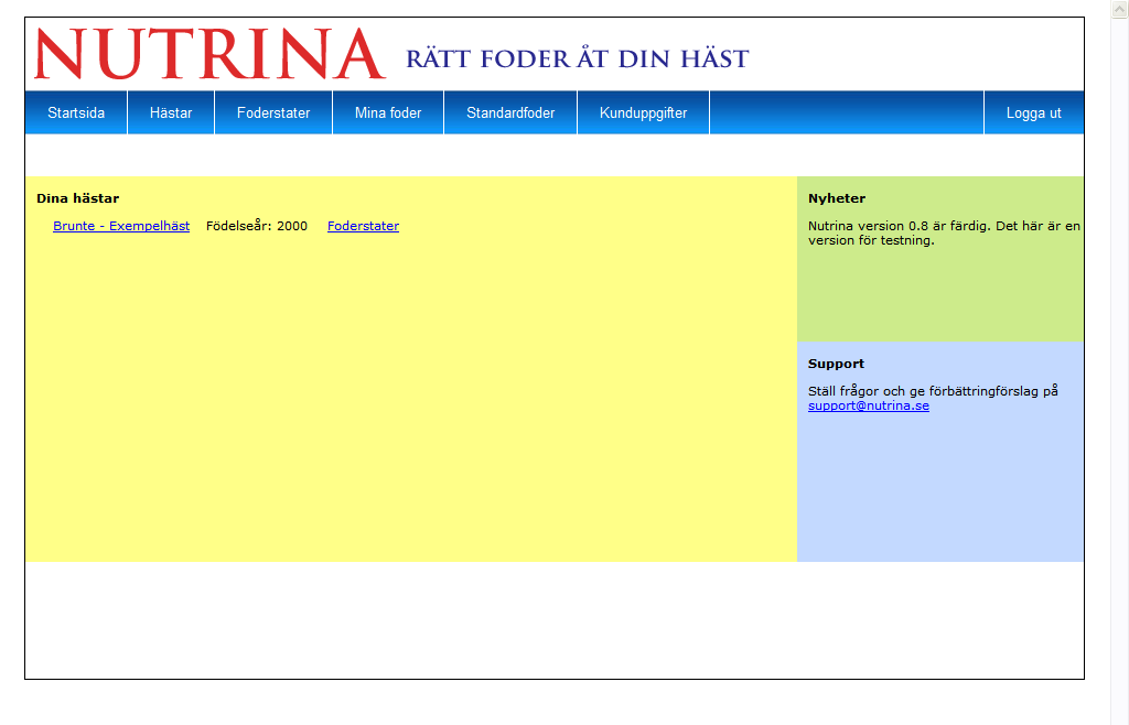 Startsidan Högst upp på sidan finns en meny där du kan nå programmets olika sidor Hästsidan används för att uppdatera uppgifter för dina hästar.