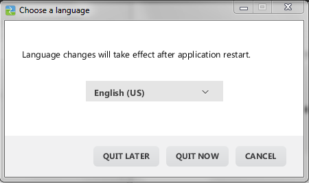 QUIT LATER (Avsluta senare) - Behåller det valda språket och TI Connect CE startar med detta språk nästa gång TI Connect CE startas. QUIT NOW (Avsluta nu) - Stänger lapp.