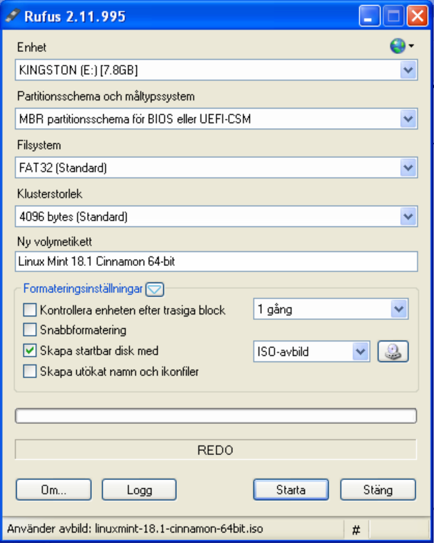 Om du använder Windows kan du t.ex. hämta programmet Rufus, https://rufus.akeo.ie/?locale=sv_se. Sätt i USB-minnet. Starta Rufus. Välj USB-minnet under Enhet.