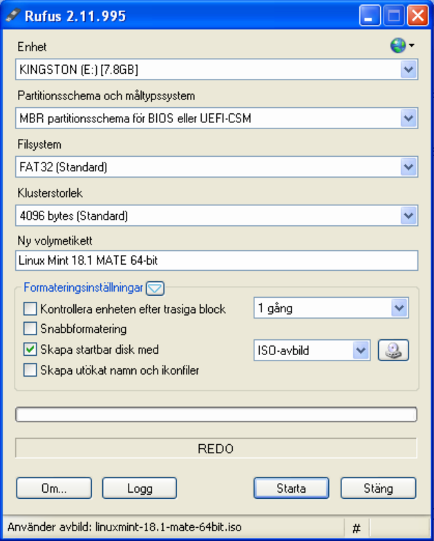 Om du använder Windows kan du t.ex. hämta programmet Rufus, https://rufus.akeo.ie/?locale=sv_se. Sätt i USB-minnet. Starta Rufus. Välj USB-minnet under Enhet.