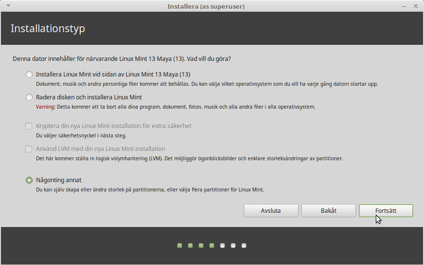 Här bestämmer du nu om Linux Mint skall installeras tillsammans med ett eller flera andra operativsystem eller självt få använda hela hårddisken.