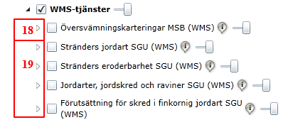 WMS-tjänster (WebMapService) En WMS-tjänst innebär att en karta hämtas från en geodatabas över internet, själva geoinformationen ligger i detta fall hos MSB och SGU.