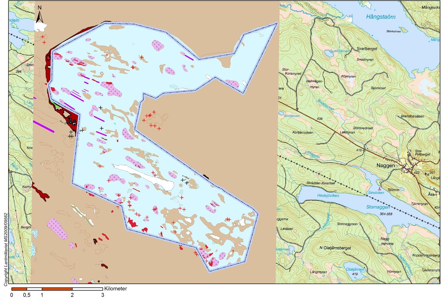 2 GEOLOGI Projektområdet ligger 390 520 m.ö.h. och tillhör södra Norrlands inlands morän- och myrområde. Dominerande jordarter är morän och torv med en liten del berg i dagen.