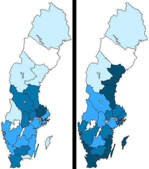 Geografisk fördelning av emm1 Figur 8 visar den geografiska variationen när det gäller incidens av emm1 under 2012 respektive 2013.