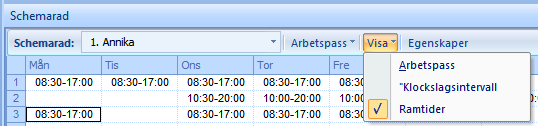 Lägga ut arbetspass/turer i schemat Du kan välja att arbeta i den övre vänstra delen av bilden eller i den nedre vänstra delen av bilden.