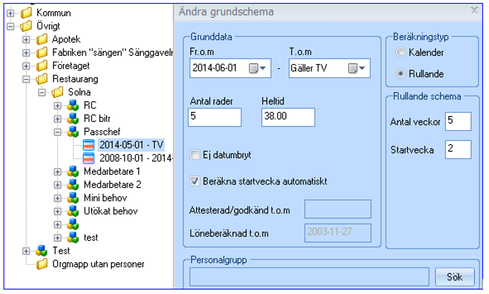 Ändra befintligt grundschema Oavsett vilken ändring du ska göra i schemat måste du tala om fr.o.m. vilket datum ändringen ska gälla från. Du skapar då ett datumbryt under schemagruppen.