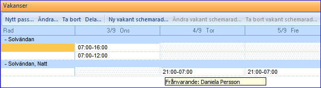 Detta sätts automatiskt på de frånvaroorsaker som är markerade med Skall ersättas i systeminställningen. Om man istället markerar Nej, visas ingen vakans.