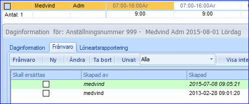 Rapportera frånvaro åt medarbetare Frånvaro för en person kan rapporteras direkt i planeringen eller under personlistan och fliken Frånvaro.