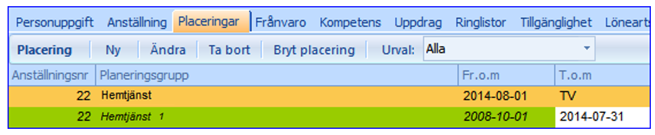 Ändring av placering Om personens placering ändras är det viktigt att du skapar en ny rad där datumet är det samma, som det datum som den nya placeringen ska gälla från och med.