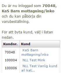 Välja kund När ni valt kund hamnar ni på startsidan för beställningsportalen. Uppe i högra hörnet kan ni även se vilken beställare och kund ni är inloggad som.