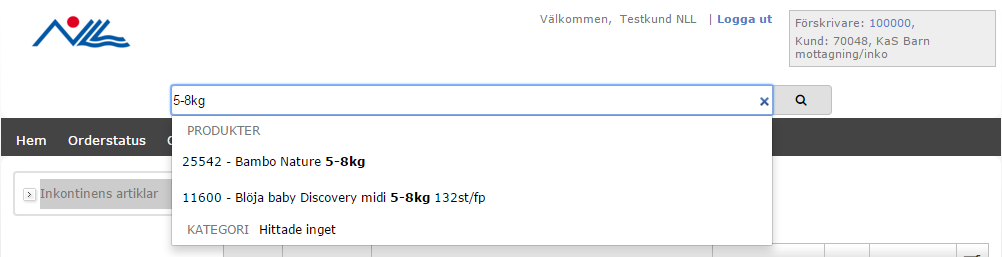 Göra en beställning Söka efter artiklar Använda sökfunktionen Genom att fylla i en söktext i sökfältet ovanför menyn kan ni filtrera fram den produkt ni vill ha.