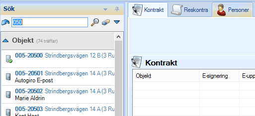 TYDLIGARE INFO VID SÖKNING Då sökning görs i Vitec Hyra och sökningen resulterar i endast ett resultat väljs detta och aktuell flik fylls automatiskt med information.