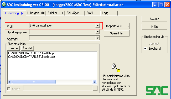 Instruktion för Dasa och SDC sändningsprogram. För mera detaljerad beskrivning av installation och handhavande av SDC's sändningsprogram hänvisas till SDC.