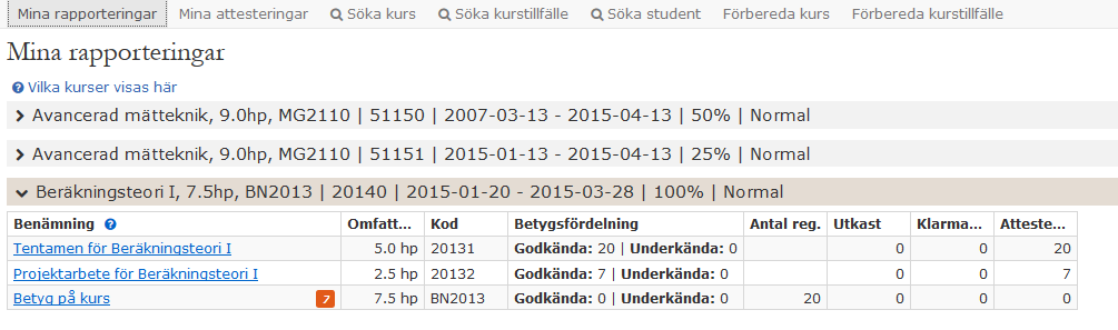 BETYG PÅ KURS 17 Antal studenter som uppfyller kraven för betyg på kurs visas i den röda rutan i raden för Betyg på kurs.