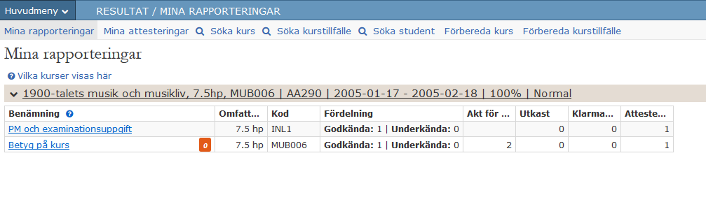 4 MINA RAPPORTERINGAR Länkinformation I länken visas kursbenämning, omfattning (hp), kurskod, tillfälleskod, start och