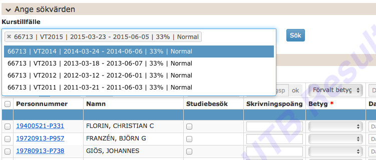 9 RAPPORTERINGSVYN Kurstillfälle I rapporteringsvyn kan du välja studenter från ett eller flera kurstillfälle.