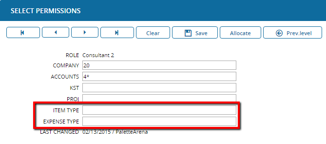 PaletteArena administration När man anger ett behörighetsurval