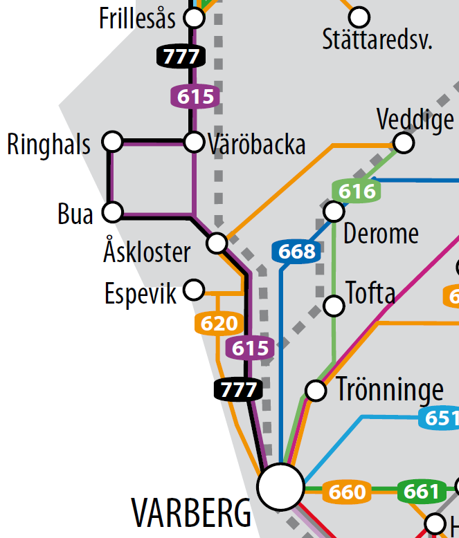 Figur 8. Cykelvägar i FÖP-området som upplevs vara osäkra, röd, respektive mycket trafikfarliga, lila. Gul saknas i området. Grön gäller för lokala gator (Trafikverket). 3.