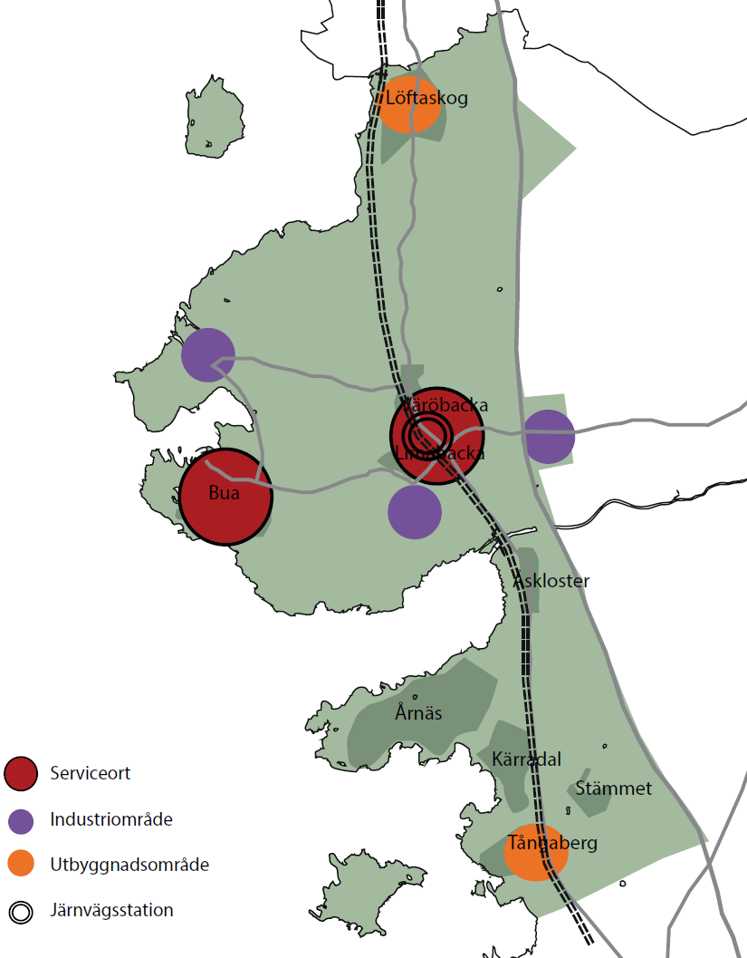 + 130 bostäder + 2 850 bostäder + 770 bostäder + 150 bostäder + 230 bostäder Figur 13. FÖP Norra Kusten, serviceorter och områden (underlag från Varbergs kommun 2015).