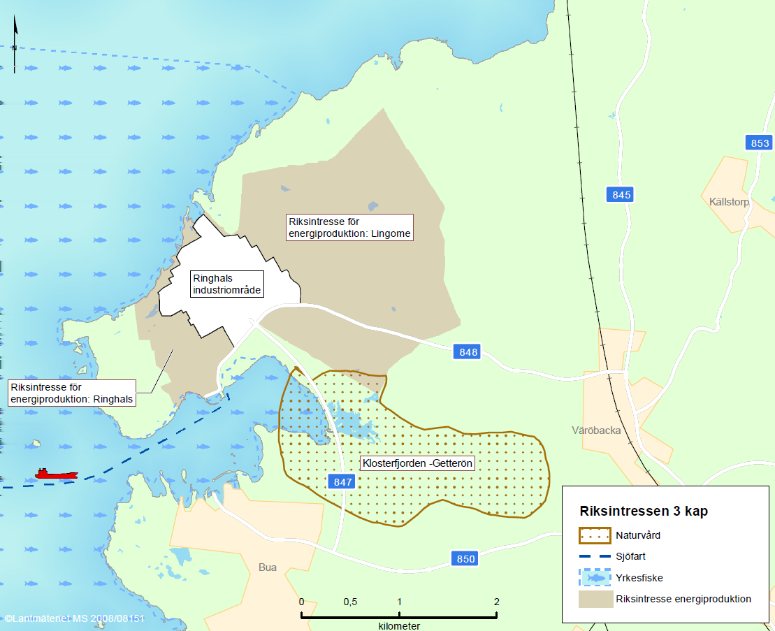 I området finns också flera riksintressen enligt 3:e kapitlet i miljöbalken (se figur 2): Riksintresse för energiproduktion Riksintresse för yrkesfiske, speciellt som fångstområde för havskräfta och