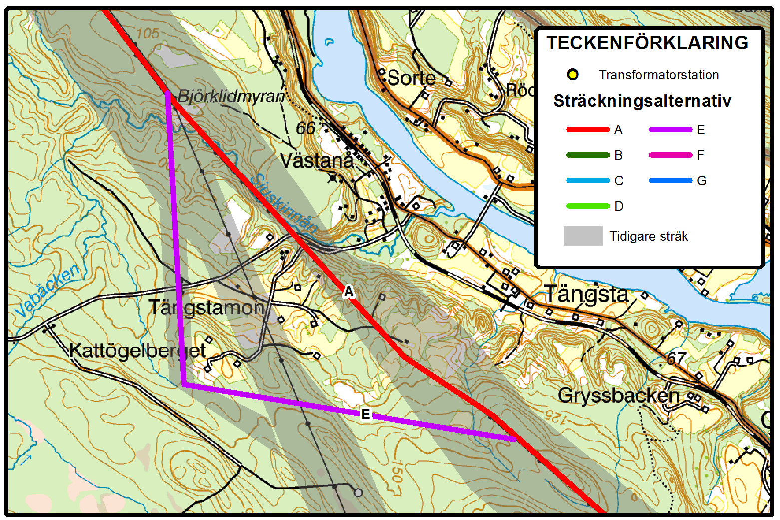 Sträckningsalternativ E Sträckningsalternativ E har tagits fram för att göra det möjligt att bygga ledningen runt bostadsbebyggelsen i Tängstamon.