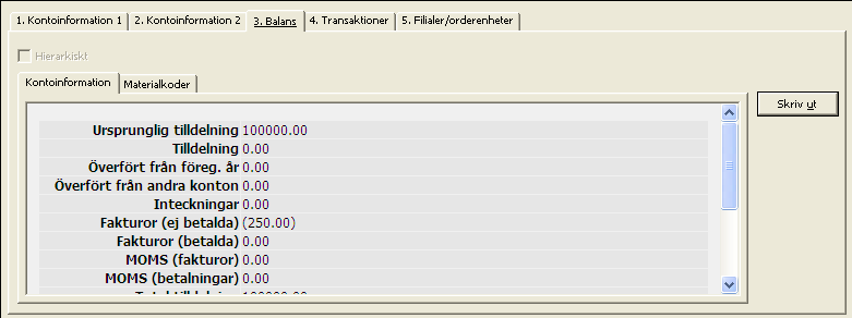 Detta fönster visas huvuddragen för det valda kontot. Man kan läsa, men inte ändra, informationen i denna bild. Bilden är indelad i två delar: Kontoinformation och Materialkoder.