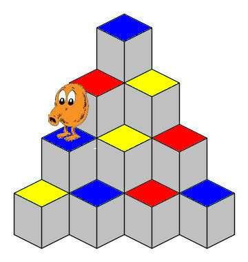 UPPGIFT 7 PYRAMIDEN I ett klassiskt dataspel ska man stra en liten varelse som hoppar omkring på en pramid (se figur nedan). Varelsen kan hoppa till trappstegen direkt ovanför eller under honom.