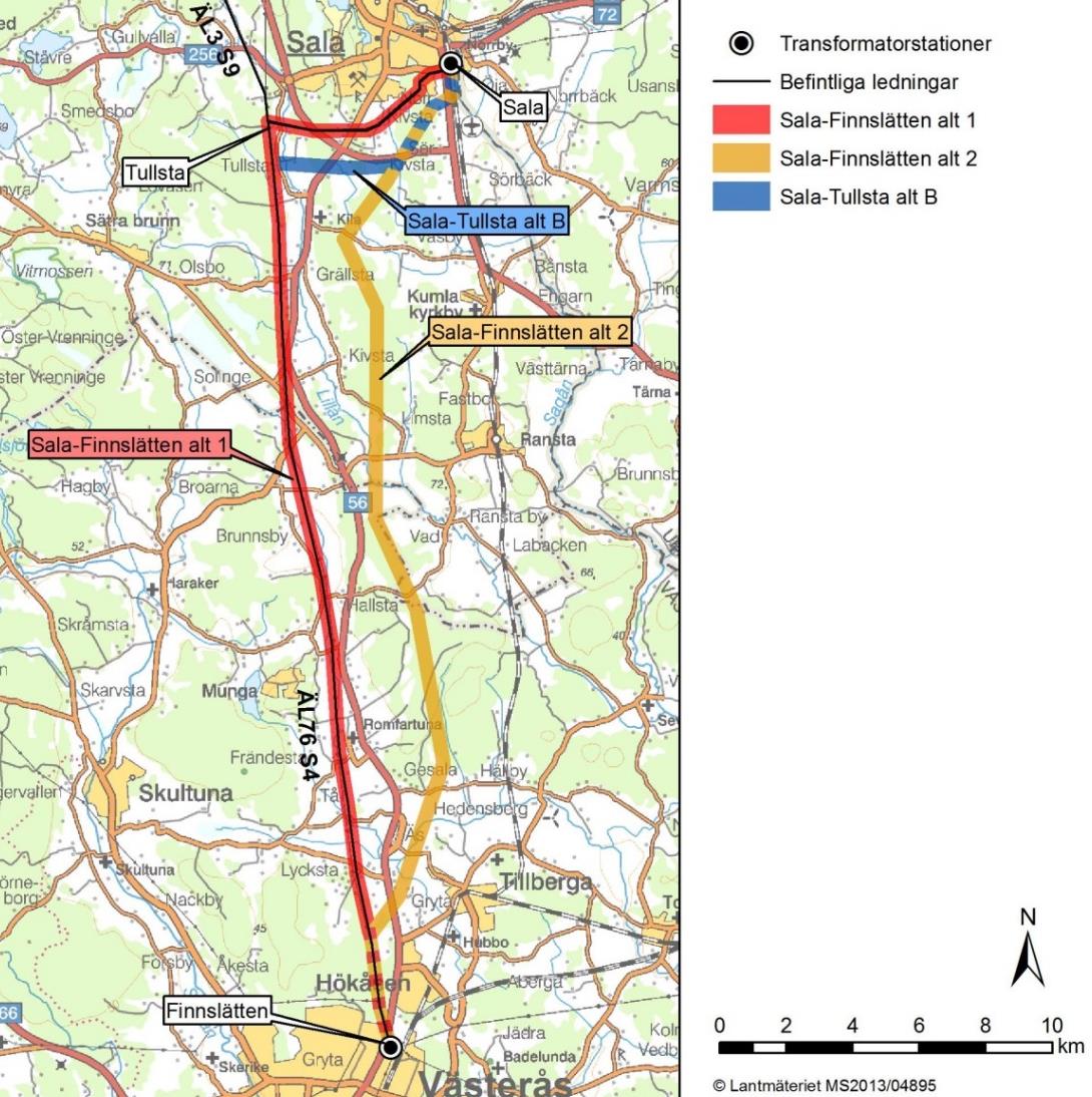 Figur 2. Studerade alternativa stråk för planerad ny ledning mellan Sala och Finnslätten. En ledning inom något av de båda alternativa stråken skulle bli ungefär lika lång.