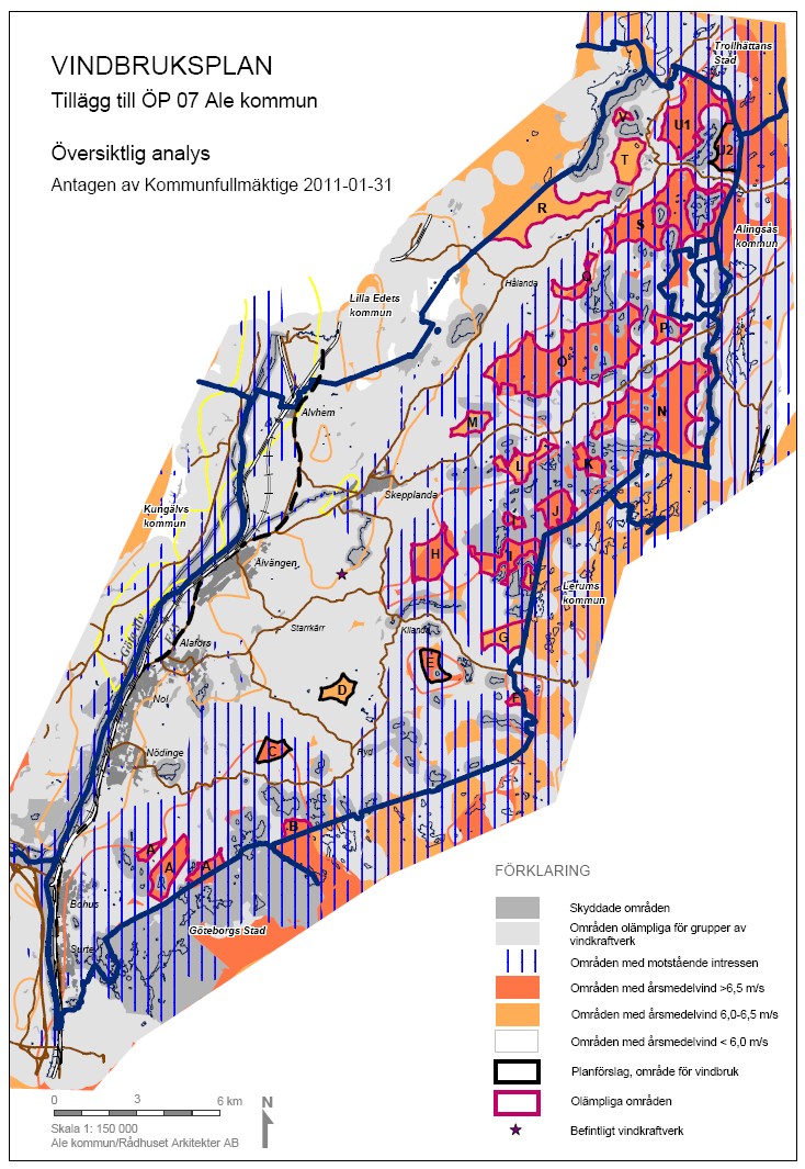 Område C & E är skogsområden med måttliga vindförhållanden Område D är jordbruksområde med dåliga vindförhållande 90% av de boende på och runt Alefjäll vill slippa en vindkraftsindustri som redan på