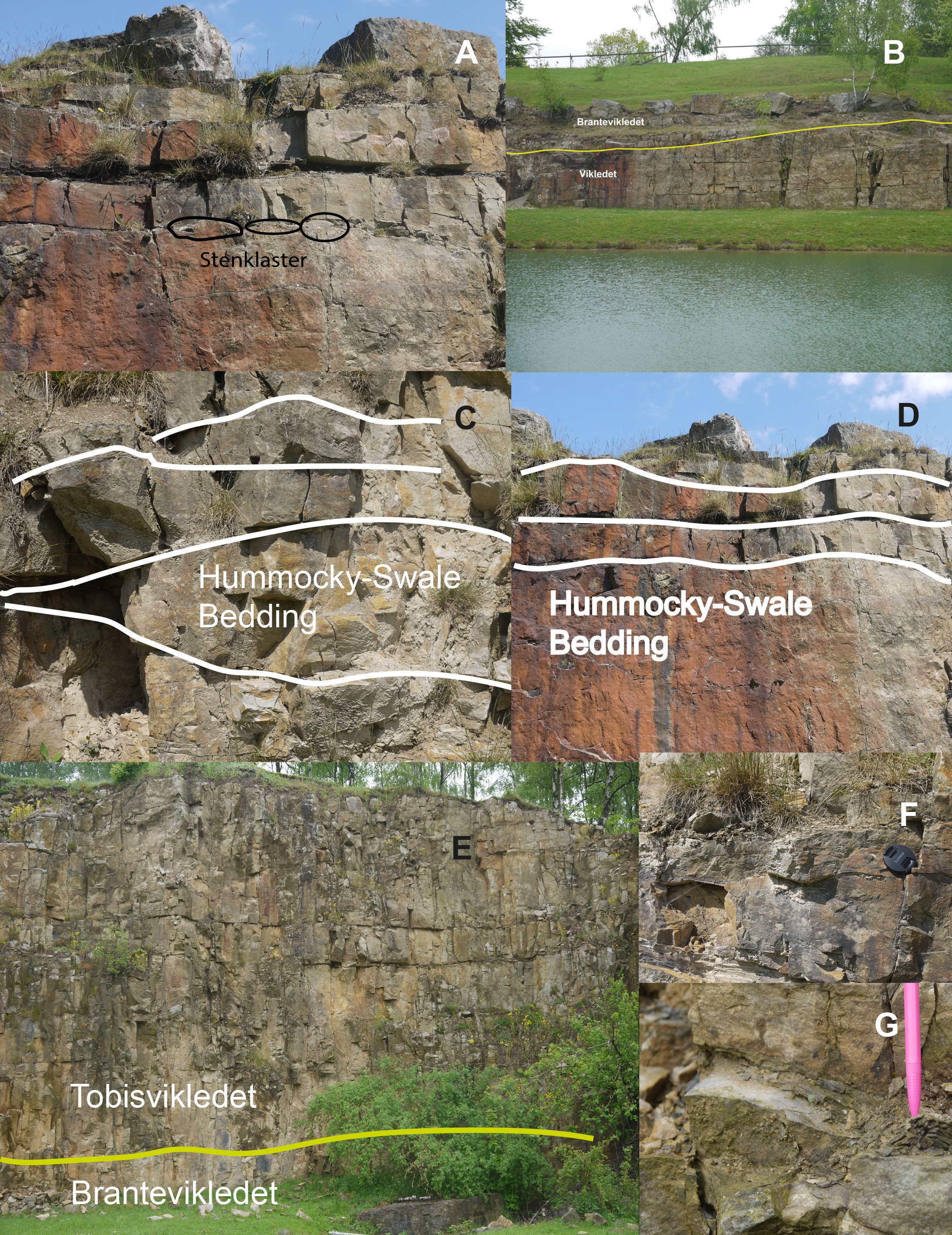 Fig. 19. På figur A syns stenklastren som är en utmärkande egenskap för gränsen mellan Vik och Brantevikledet.