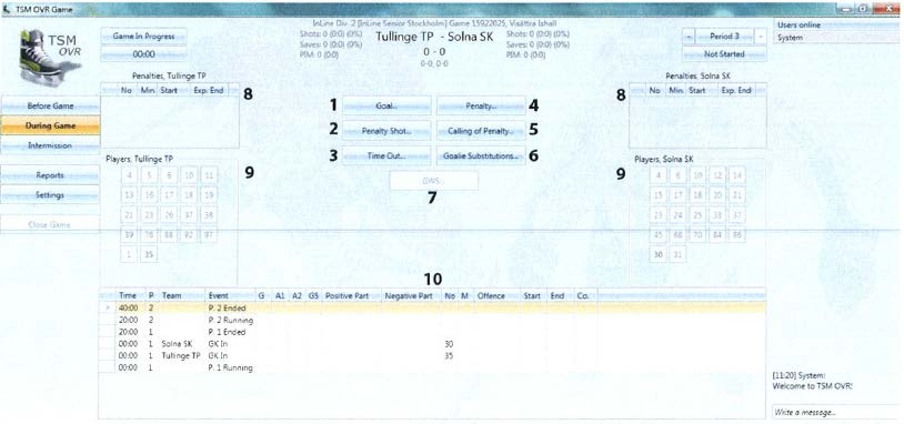 During Game - Matchvy! (Detaljerad info i Anv.handledningen kap 6.3-6.9 sid 21-33) Registrera: 1. Mål 2. Straff/-ar 3. Time-Out 4. Utvisning/-ar 5. Avvaktande utvisning 6.