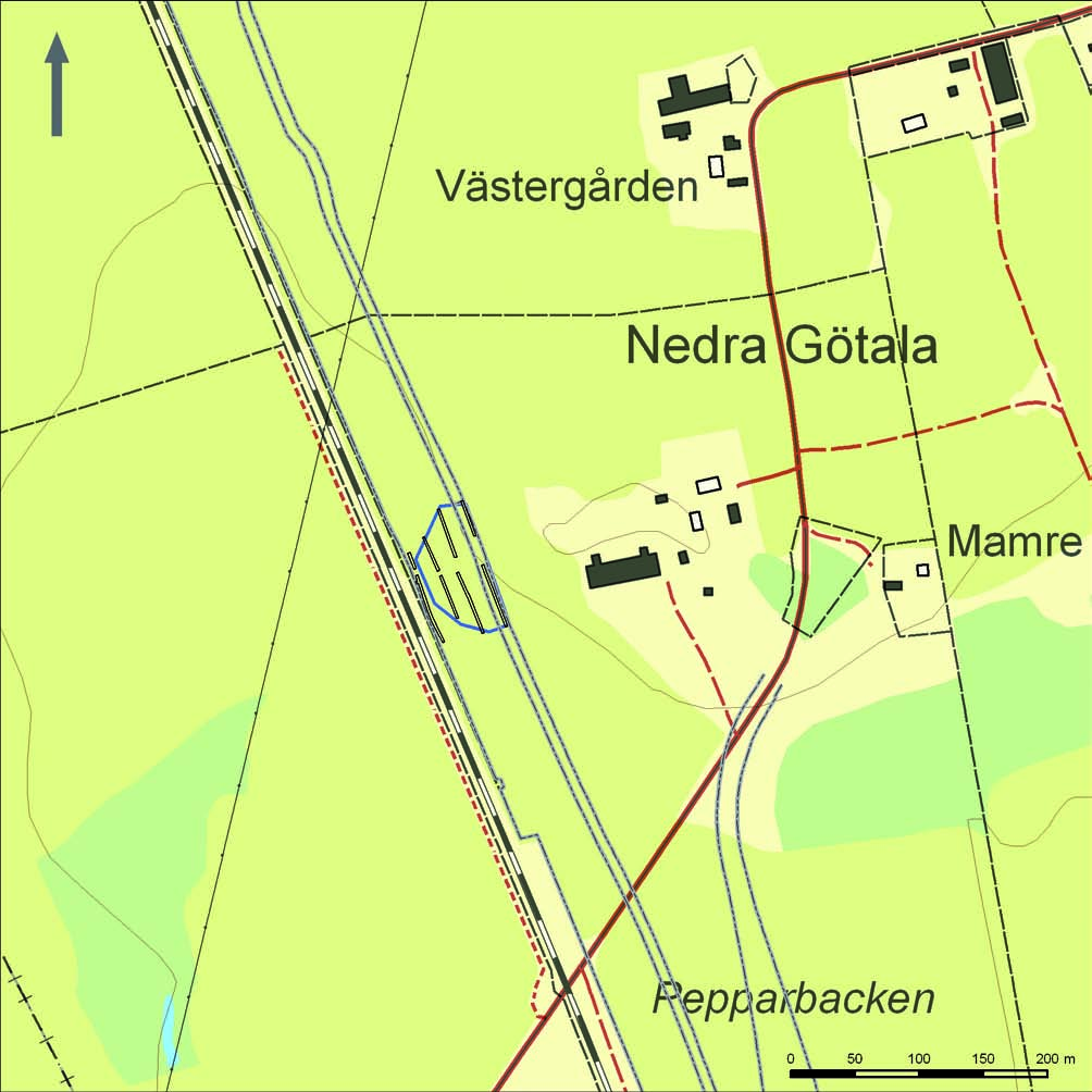 Figur 2. Utredningsområdet och schakten markerade på fastighetskartan. Skala 1:5 000. Lantmäteriverket. Medgivande MS2007/04080.