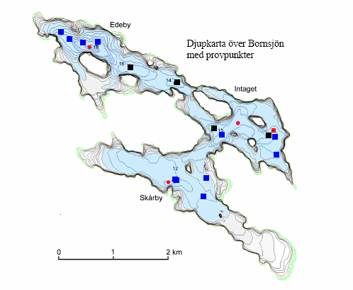 4 Metodik 4.1 Fältprovtagning Figur 8: Batymetriskkarta över Bornsjön med dess tre djupbassänger; Skårbybassängen, Bornsjöbassängen och Edebybassängen.