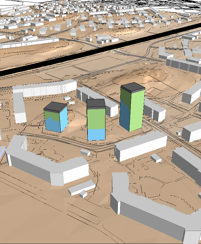 Planförslag 1, ekvivalent ljudnivå, väg 2030, 2 eter över ark Planförslag 1, ekvivalent ljudnivå väg 2030, högsta ljudnivå vid fasad Befintlig bebyggelse Planerade bostäder 3D-vyer Planförslag 1