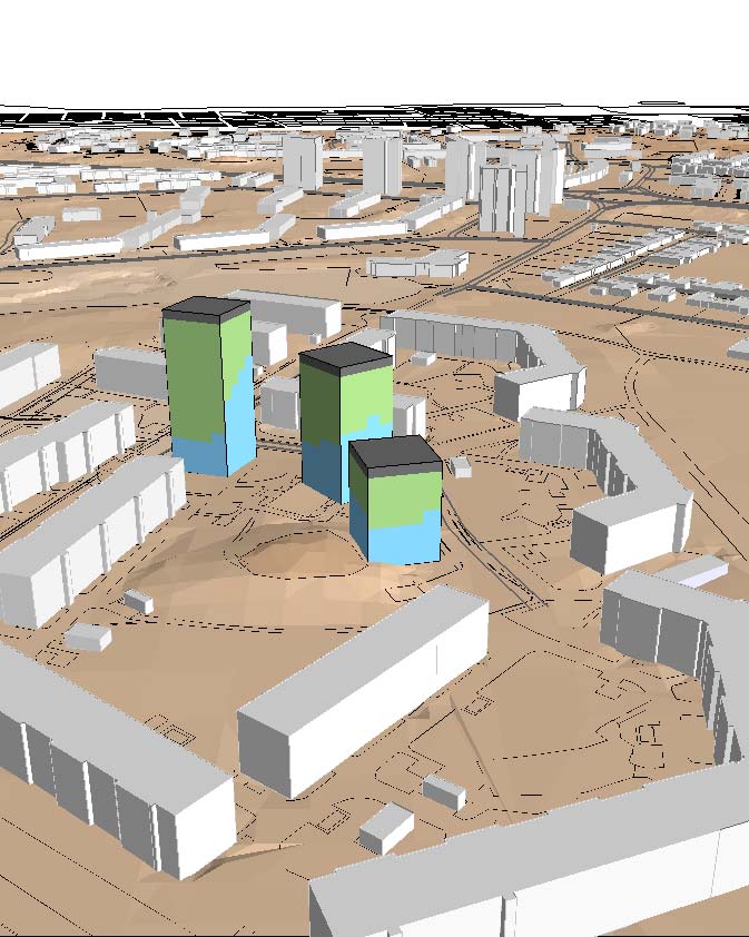 Planförslag 1, ekvivalent ljudnivå, tåg 2030, 2 eter över ark Planförslag 1, ekvivalent ljudnivå väg 2030, högsta ljudnivå vid fasad Befintlig bebyggelse Planerade bostäder 3D-vyer Planförslag 1