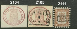 2107 2120 2104 2 1856 Oval stamps 10 k carmine. Wide-margined copy of a very rare stamp, min. spot at upper marg. Cert. Ossa and Grønlund. F 75000 ( ) 10.