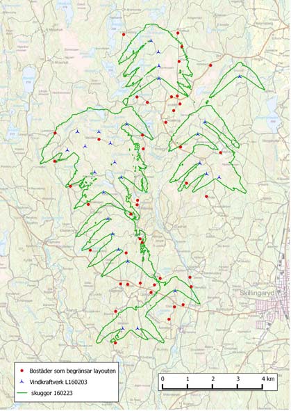 Rörliga skuggor från vindkraftverk Rörliga skuggor från vindkraftverk uppstår på långa avstånd när solen står lågt och det blåser så att rotorbladen står vinkelrätt mot solstrålarna.