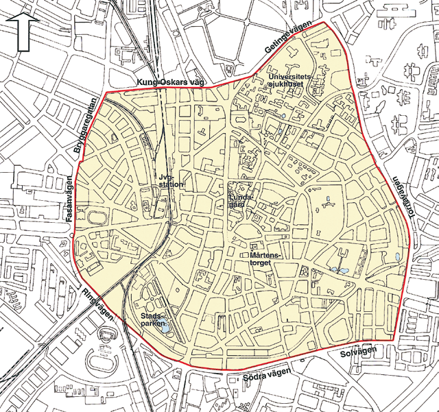 Lund Die Umweltzone in Lund hat sich nicht verändert; auf der Karte ist sie rot umrandet.