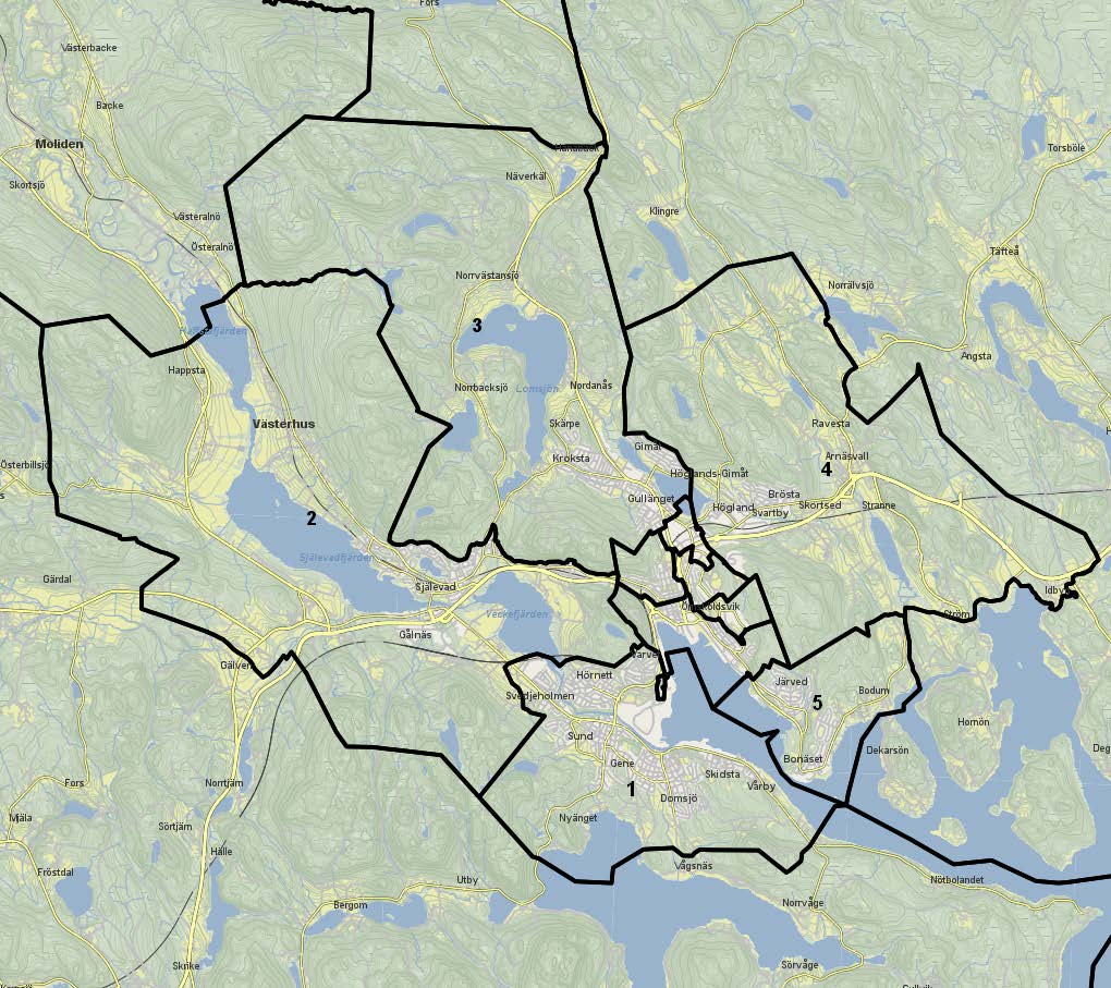 16 Bilaga 2 Kartor över områdesindelningen Område 1 Hörnett, Svedjeholmen, Sund, Gene, Domsjö 2 Själevad, Myckling,