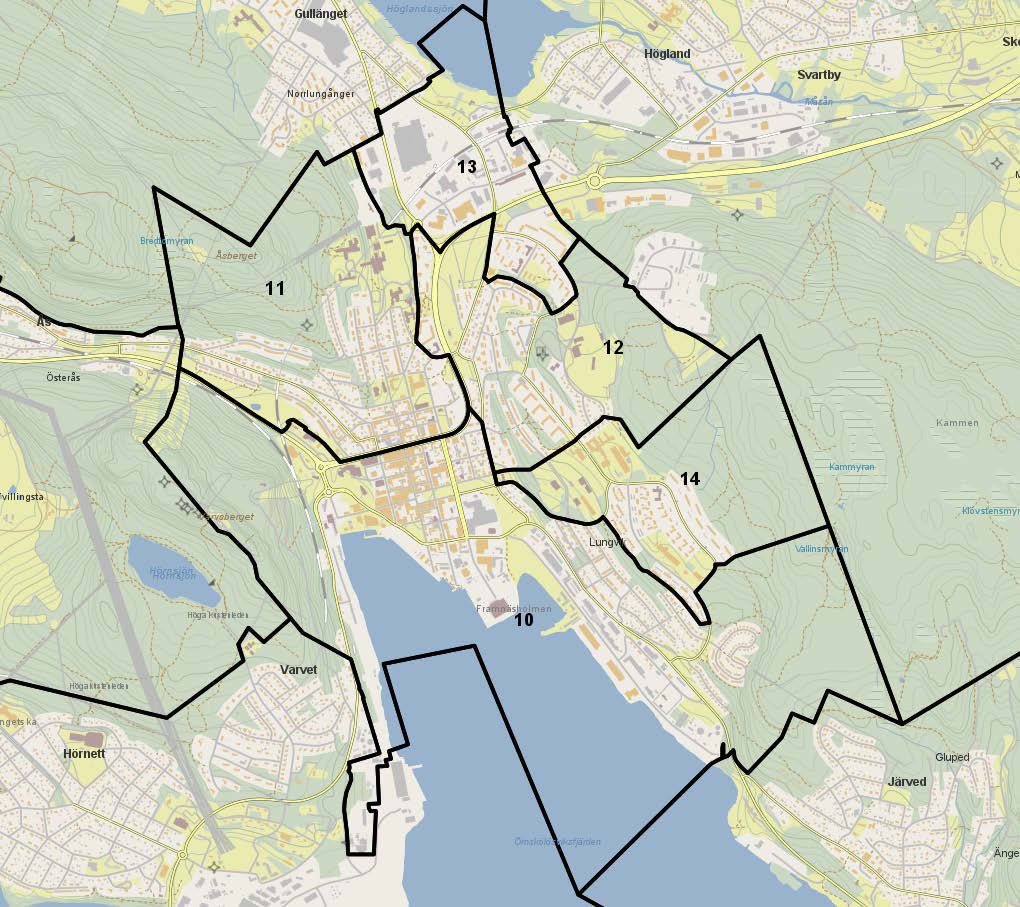 18 Område 10 Centrum - söder om E4 11 Centrum - norr om E4 12 Centrum - öster