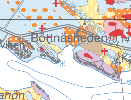 prickar är postglacial sand, ljusgult med vertikala vita sträck är silt.